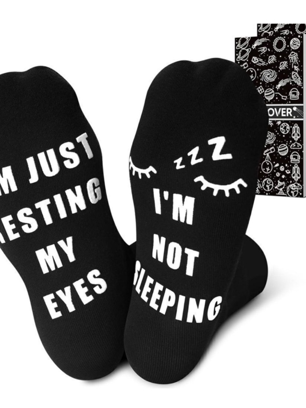 Novelty Black No-Show Socks with White Text - "I'm Not Sleeping"